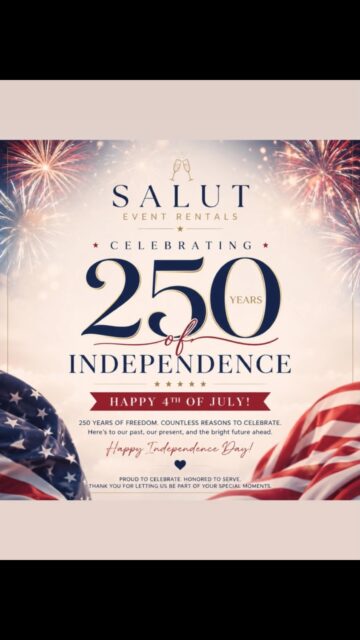 🇺🇸 Happy 4th of July! 🇺🇸

As we celebrate 250 years of American independence, we’re grateful for the freedom to serve our community and be part of your most memorable celebrations.

From all of us at Salut Event Rentals, thank you for your trust and support.

Wishing you and your family a safe, joyful, and unforgettable Independence Day! ❤️🤍💙